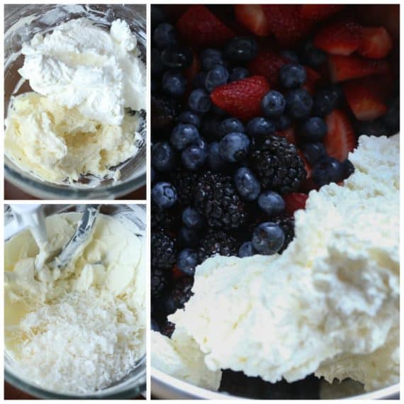 Adding the Berries into the cream cheese mixture for berry ambrosia salad