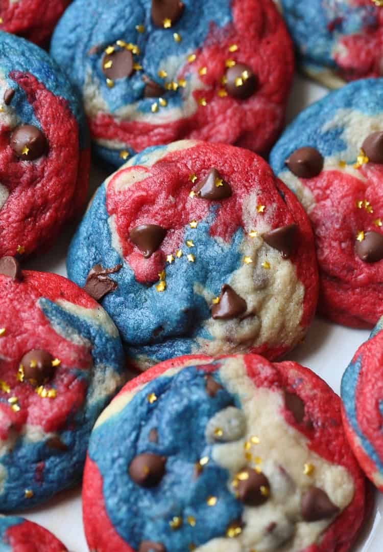 Patriotic Chocolate Chip Cookies! Red, White and Blue chewy chocolate chip cookies are easy and oh so festive!