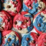 Patriotic Chocolate Chip Cookies! Red, White and Blue chewy chocolate chip cookies are easy and oh so festive!