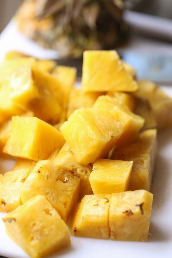 Hawaiian chicken pineapple kabobs are a flavorful summer grilling recipe. Marinate the chicken in advance so it's ready to thread and grill! Pineapple cut into cubes.