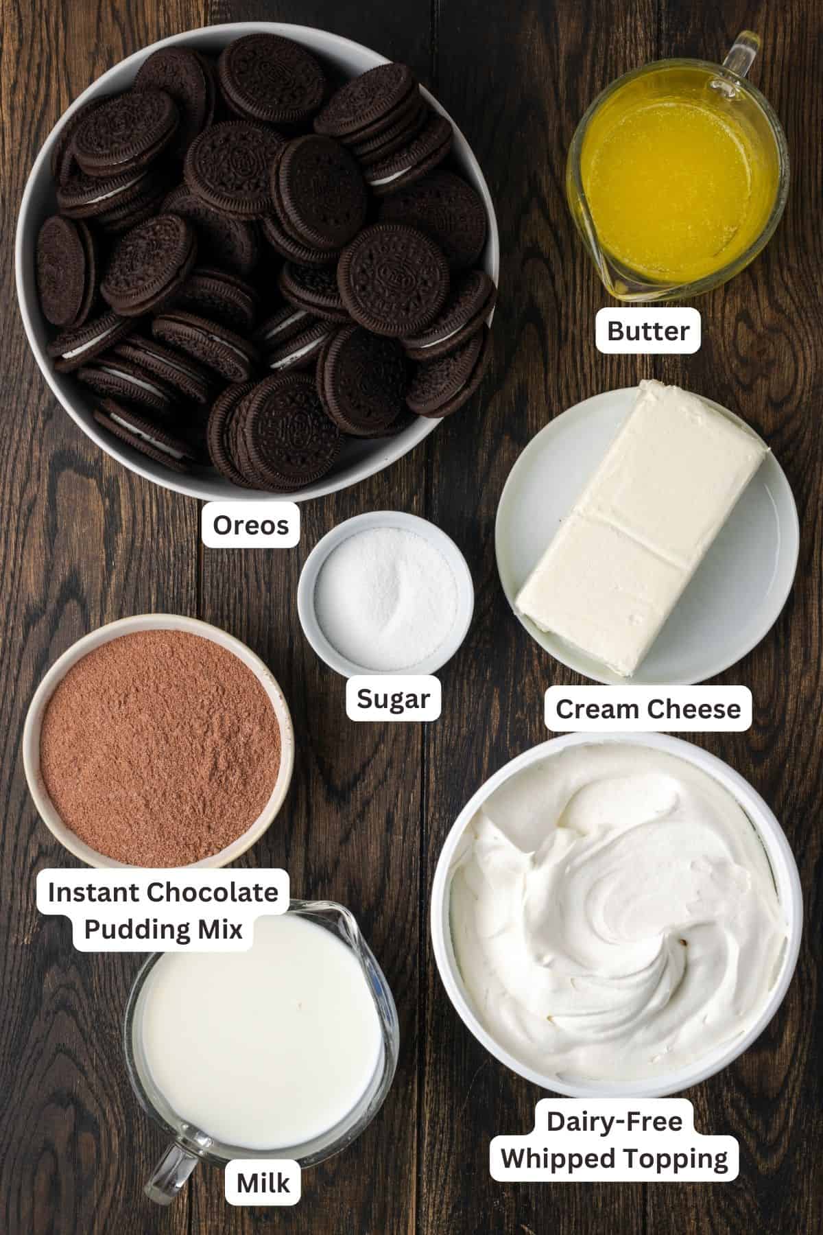 Ingredients for chocolate lasagna with text labels overlaying each ingredient.