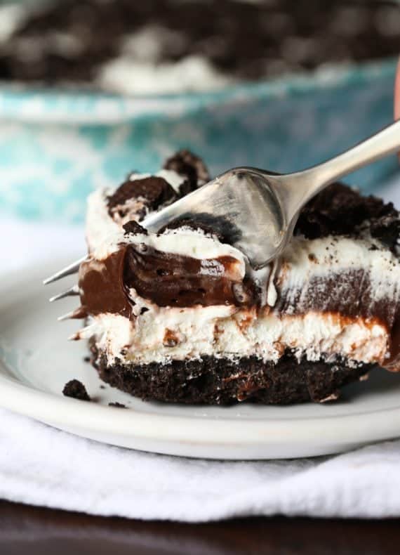 Chocolate Lasagna! Layers of creamy chocolate pudding, cheesecake, whipped cream, and a crunchy Oreo crust!