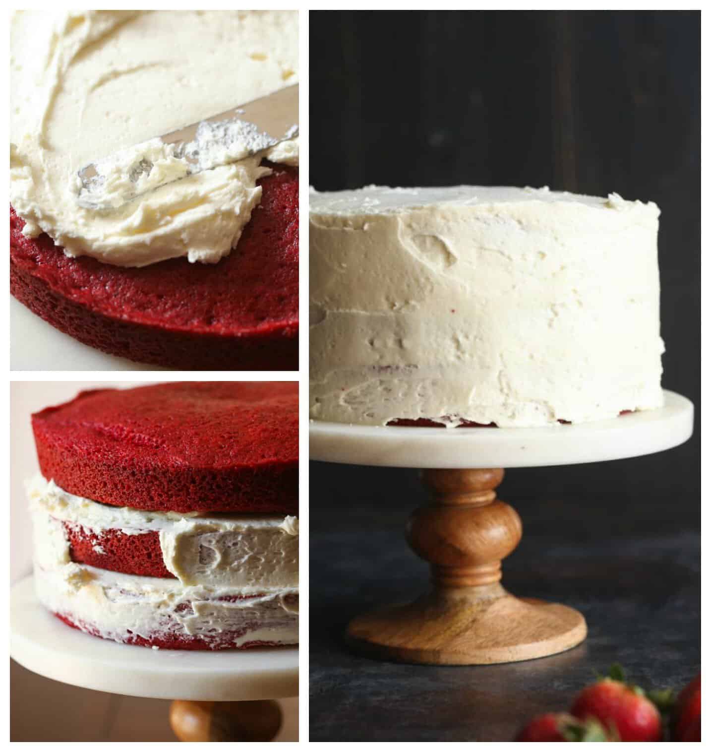 Collage of pictures on how to frost a Red Velvet Cake.