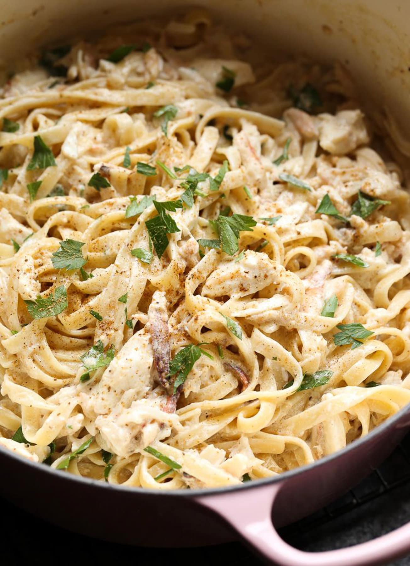 Crab Alfredo topped with a parsley