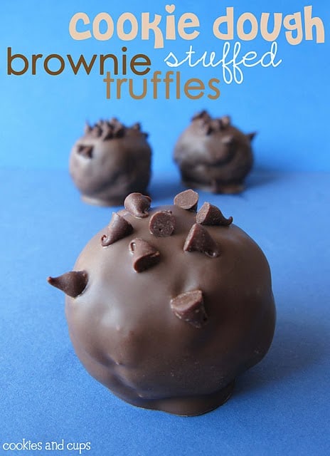 Close-up of chocolate covered Cookie Dough Brownie stuffed truffles