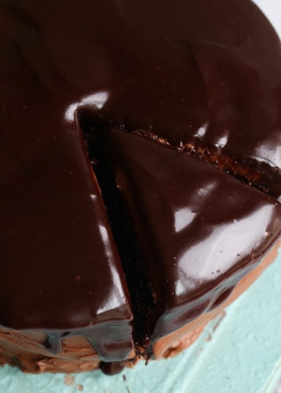 Sliced Chocolate Cake coated in Chocolate Ganache