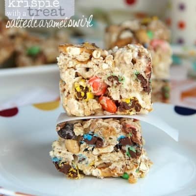 Trail Mix Krispie Treats with a Salted Caramel Swirl