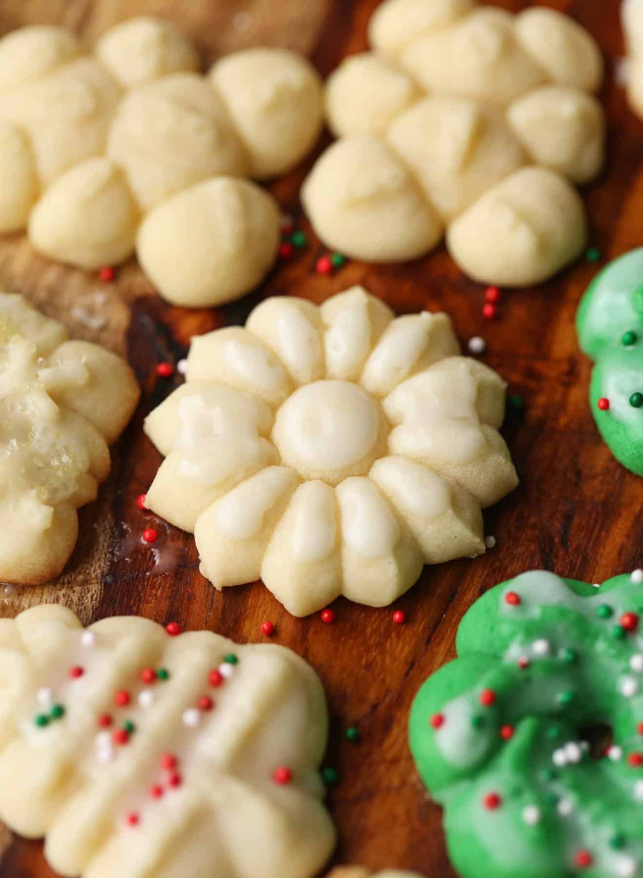 Spritz cookies on a wooden surface