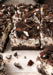 Oreo brownies cut into squares.