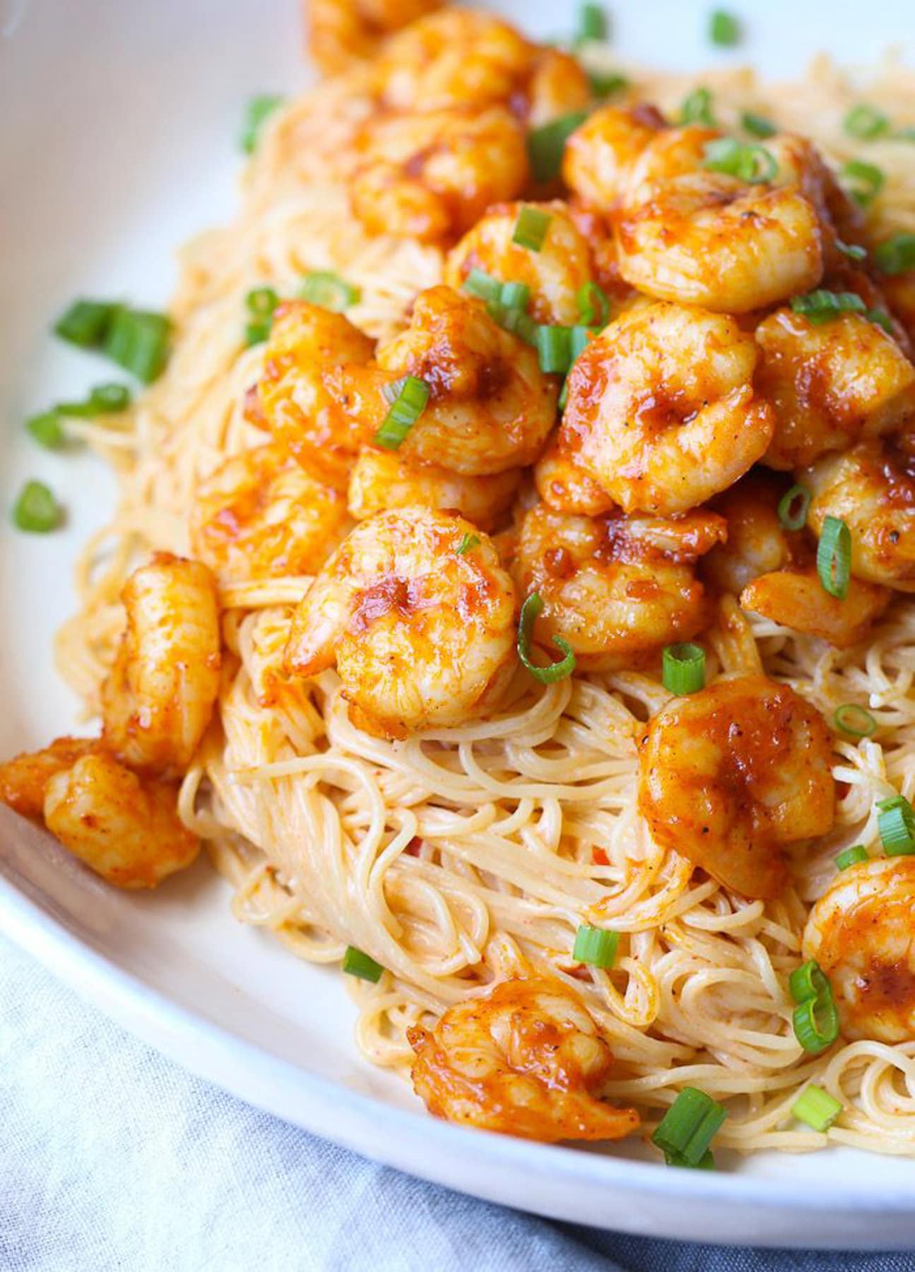 Spicy Chicken and Shrimp served on noodles