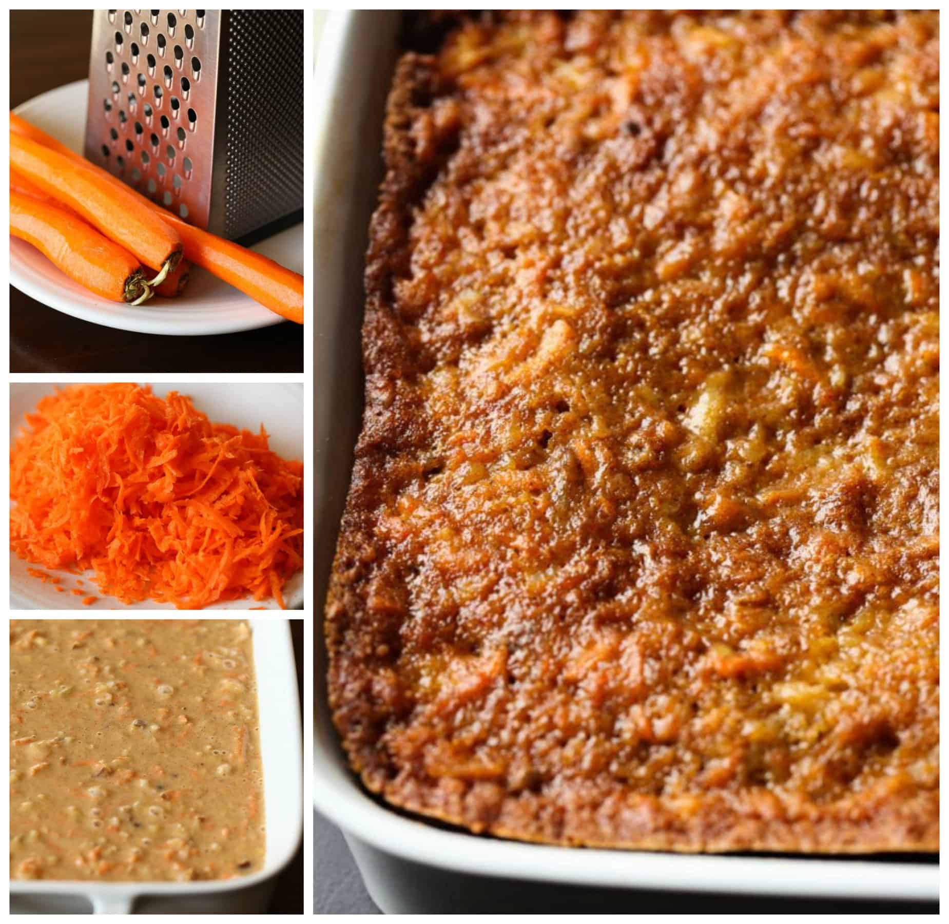 Photo collage of carrots next to a grater, shredded carrots, carrot cake batter in a baking pan, and baked carrot cake in a pan