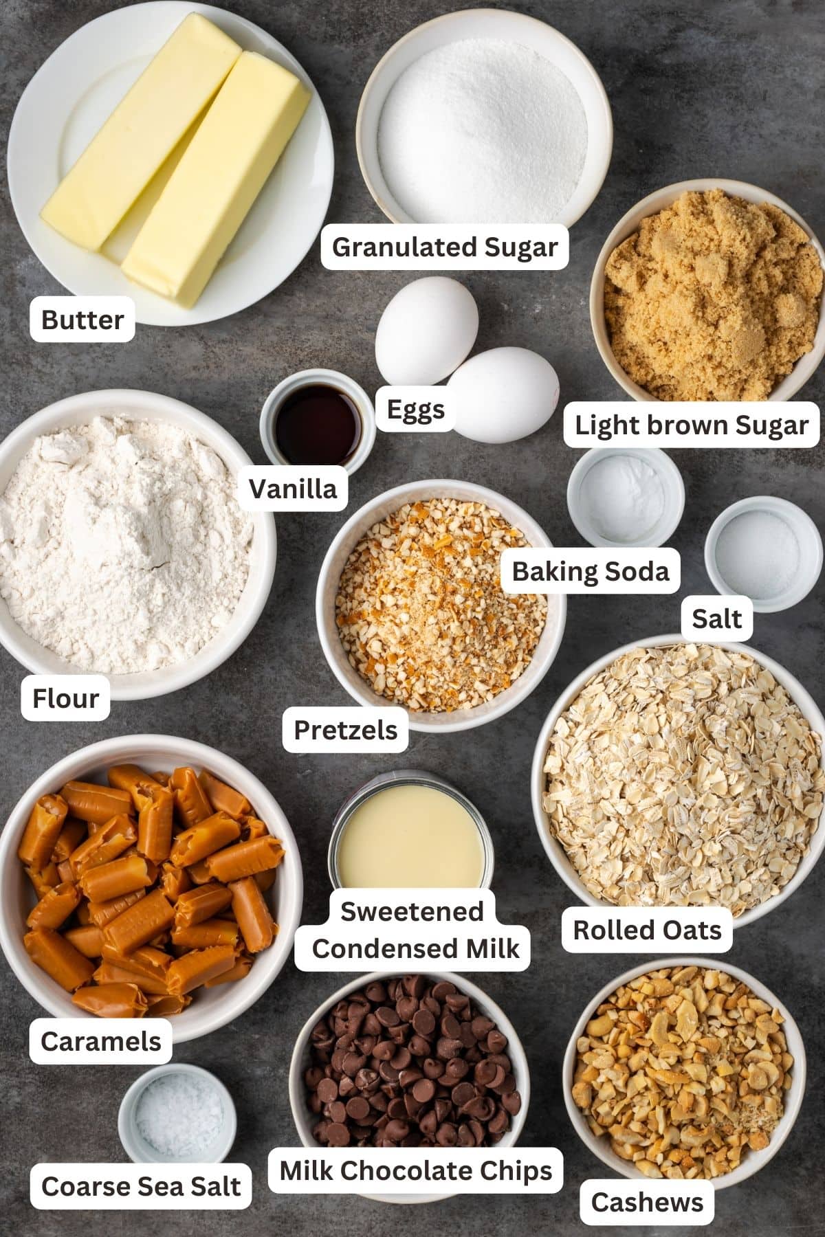 Ingredients for caramel oat bars with text labels overlaying each ingredient.