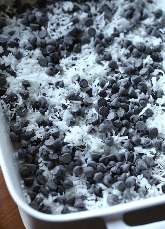 Chocolate chips and shredded coconut scattered in the bottom of a baking dish.