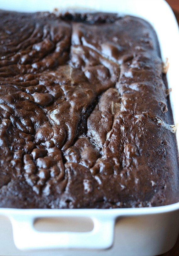 Chocolate earthquake cake in a baking dish.