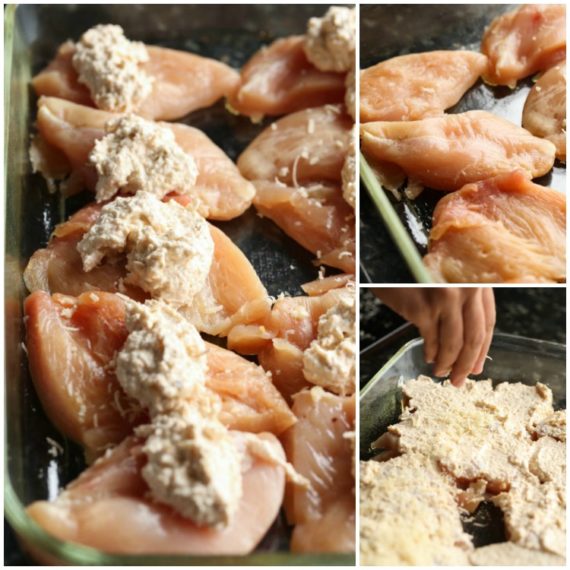 Raw chicken being coated with MIYM topping and prepared for cooking.