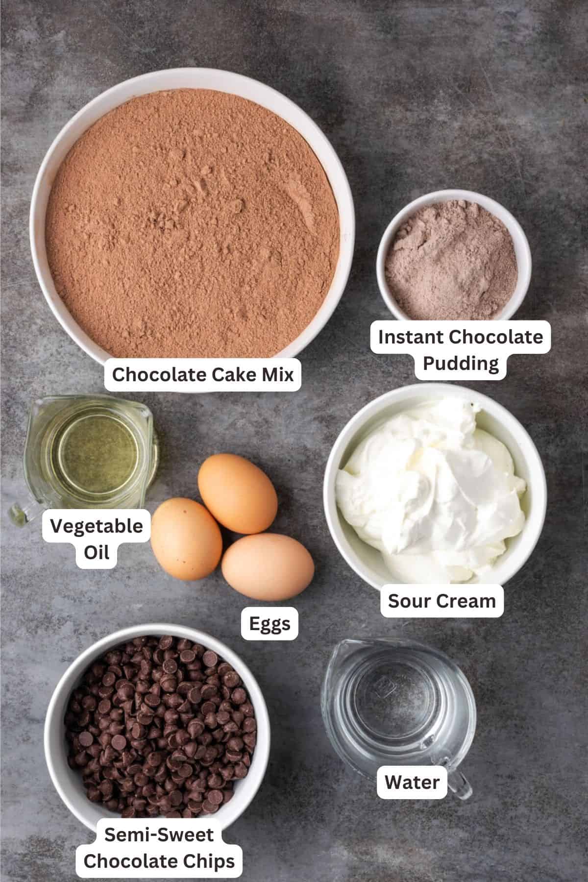 This is the most RIDICULOUS moist chocolate cake recipe, made from chocolate cake mix, pudding mix, and sour cream! So incredibly good. Ingredients for Ridiculous Chocolate Pudding Cake.