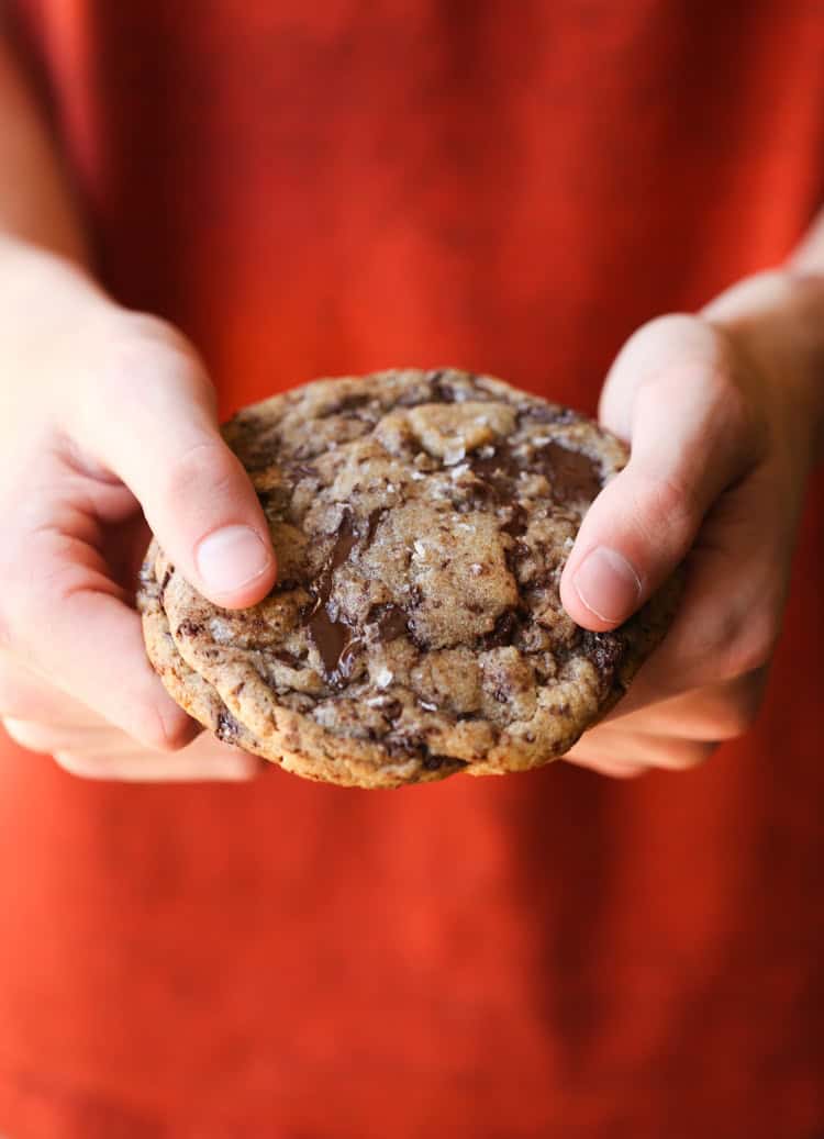 Hands holding a baked chocolate chip cookie