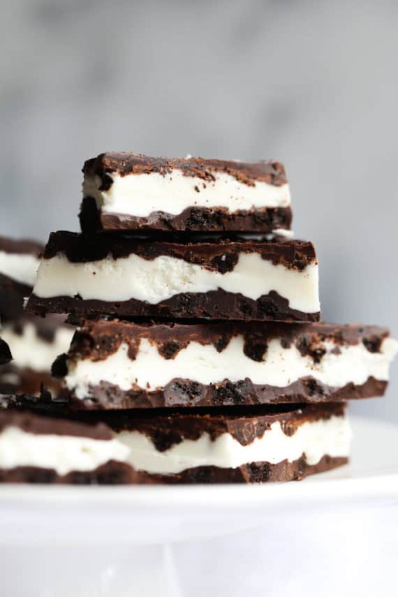 Image of Oreo Cookie Bark Stacked on a Plate