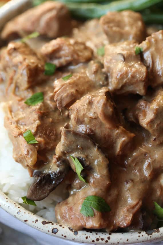 Easy Slow Cooker Beef Tips Recipe can be served over rice or noodles!