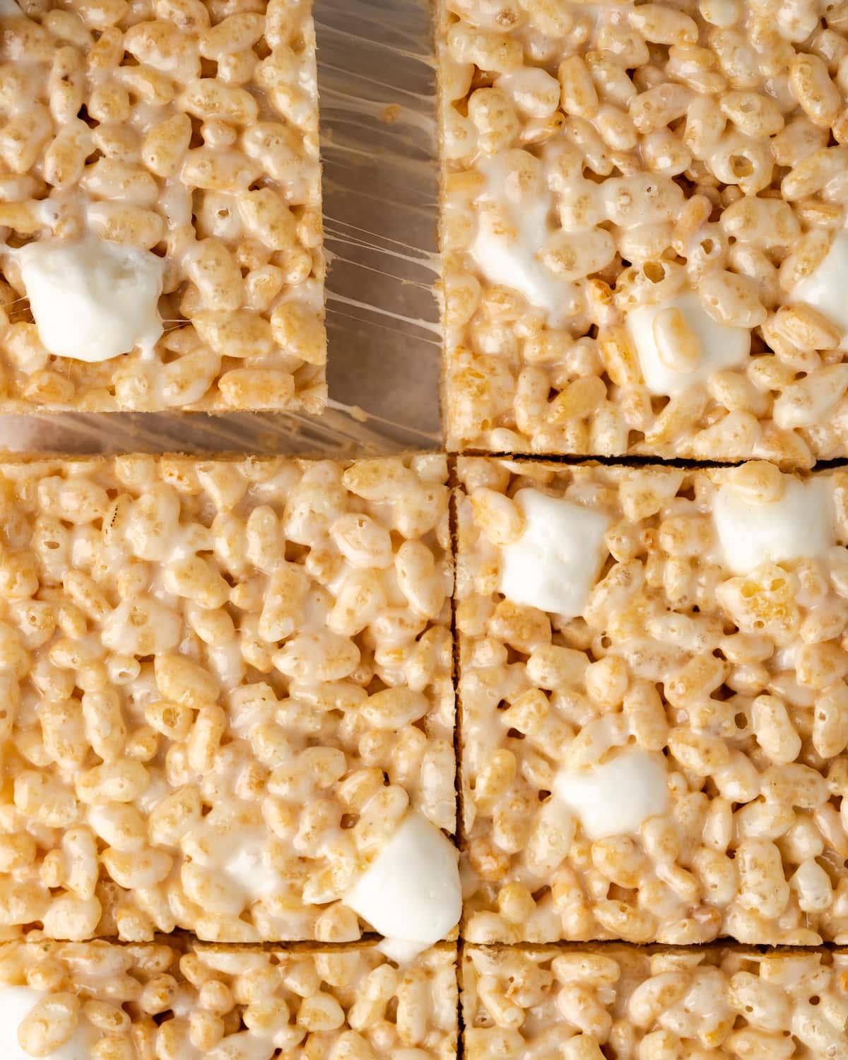 Overhead view of the perfect Rice Krispie Treats cut into squares.