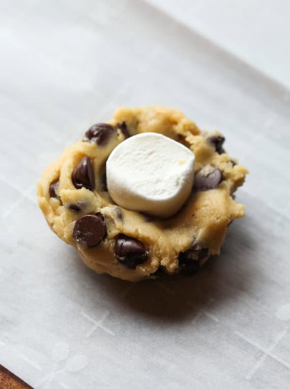 chocolate chip cookie dough filled with a marshmallow