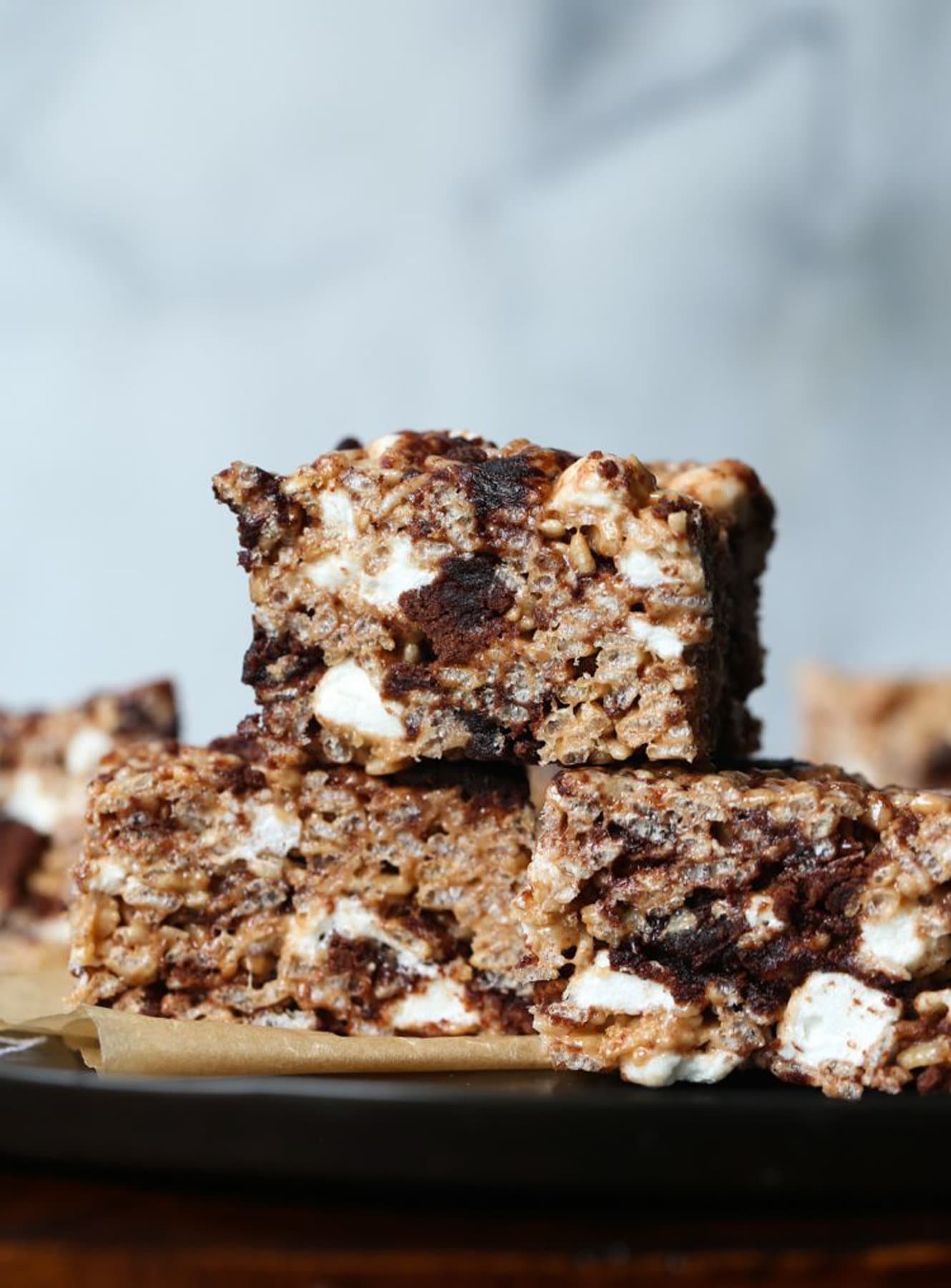 Brownie Krispie Treats stacked on top of each other