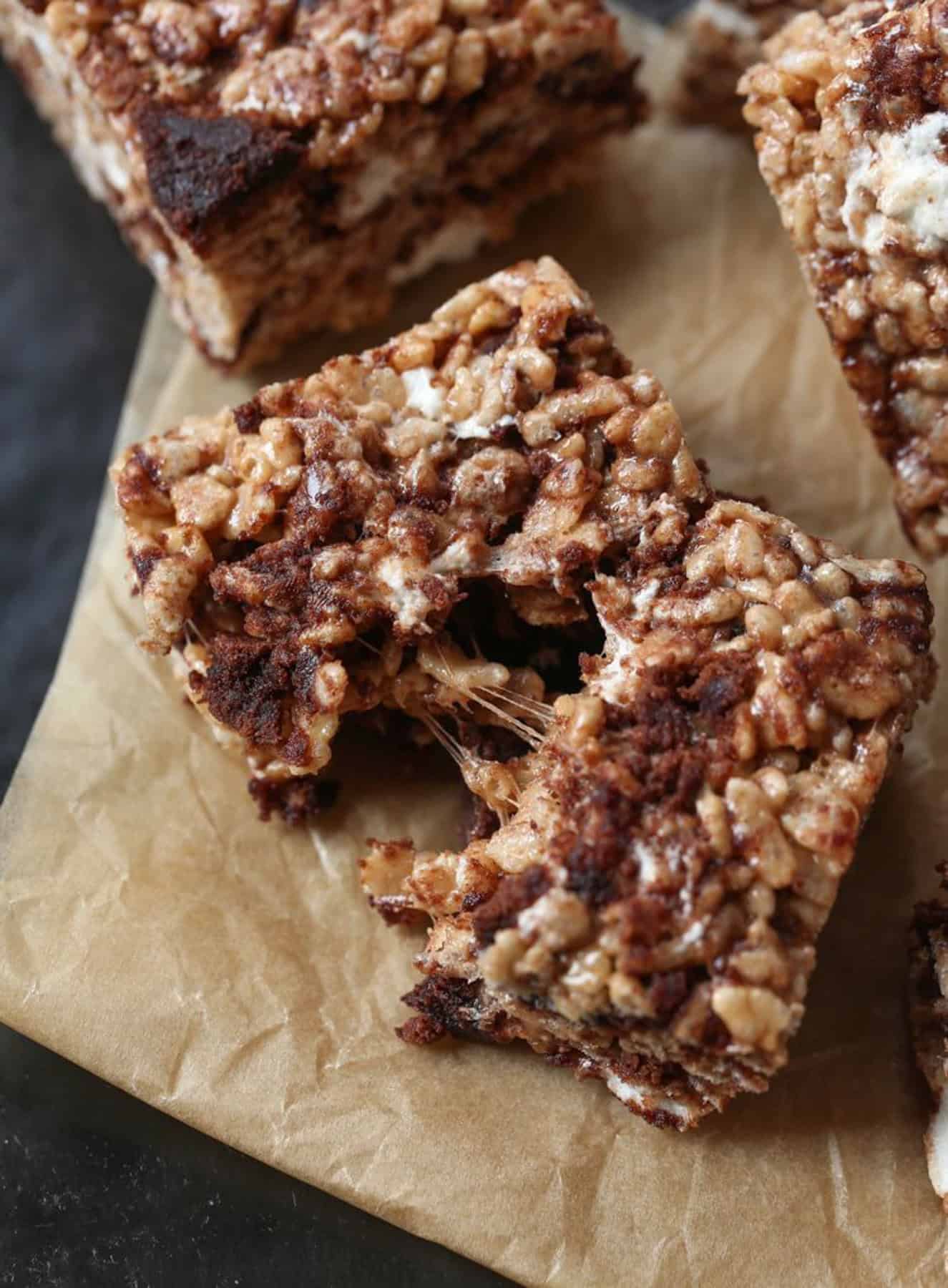 Brownie batter Krispie treats breaking in half