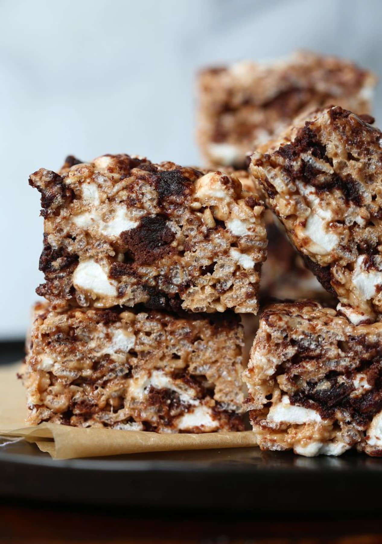 Brownie Batter Krispie Treats stacked and loaded with brownies and mashmallows