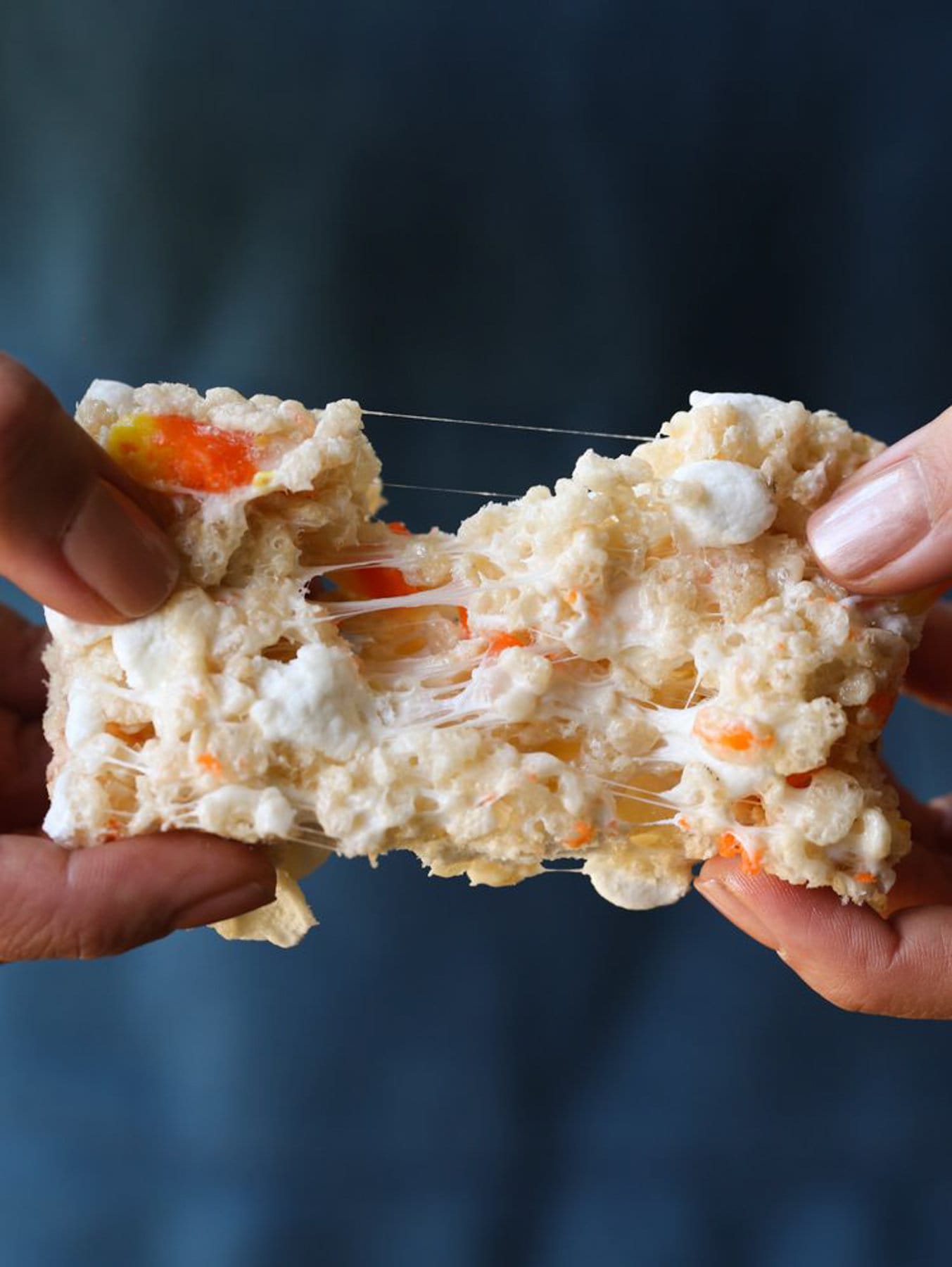 Candy Corn Rice Krispie Treats Pulled apart and ready to eat
