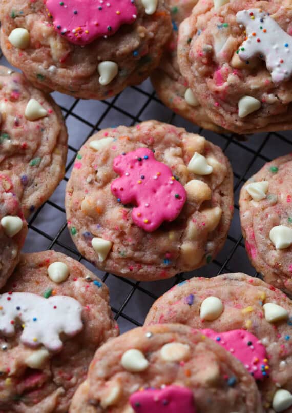 Carnival Cookies are soft sprinkle cookies loaded with chopped circus cookies and white chocolate chips