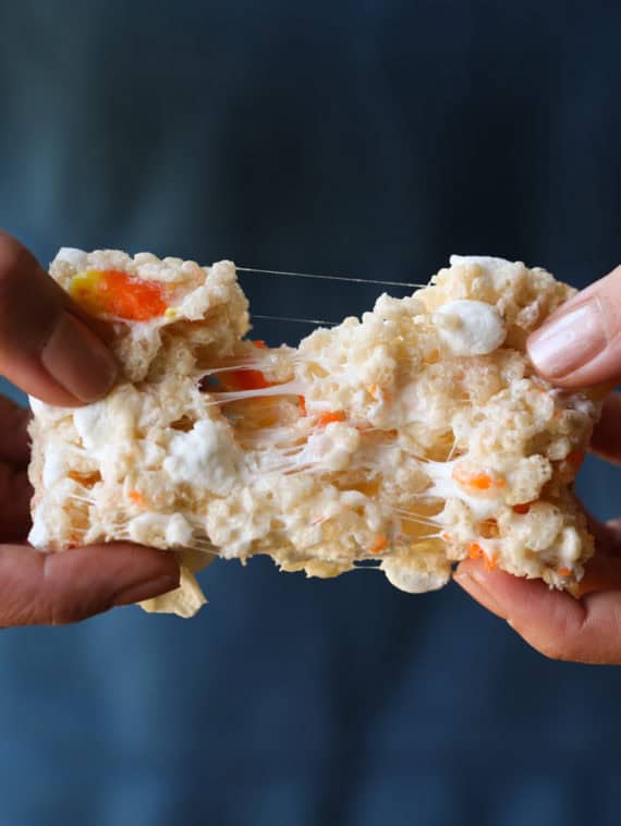 Adding candy corn to your krispie treat recipe makes a sweet and festive dessert!