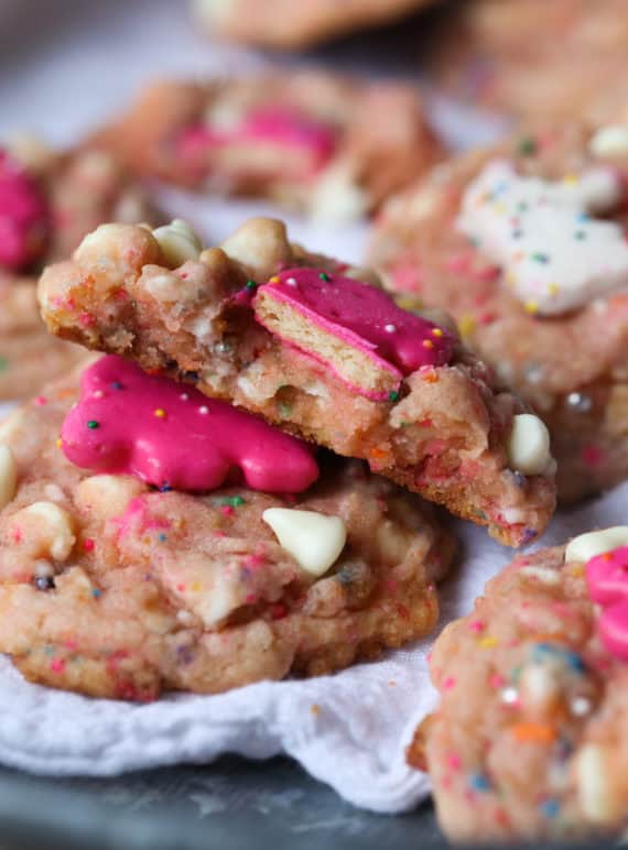 Soft Carnival Cookes are easy sprinkle cookies loaded with chopped circus cookies and white chocolate