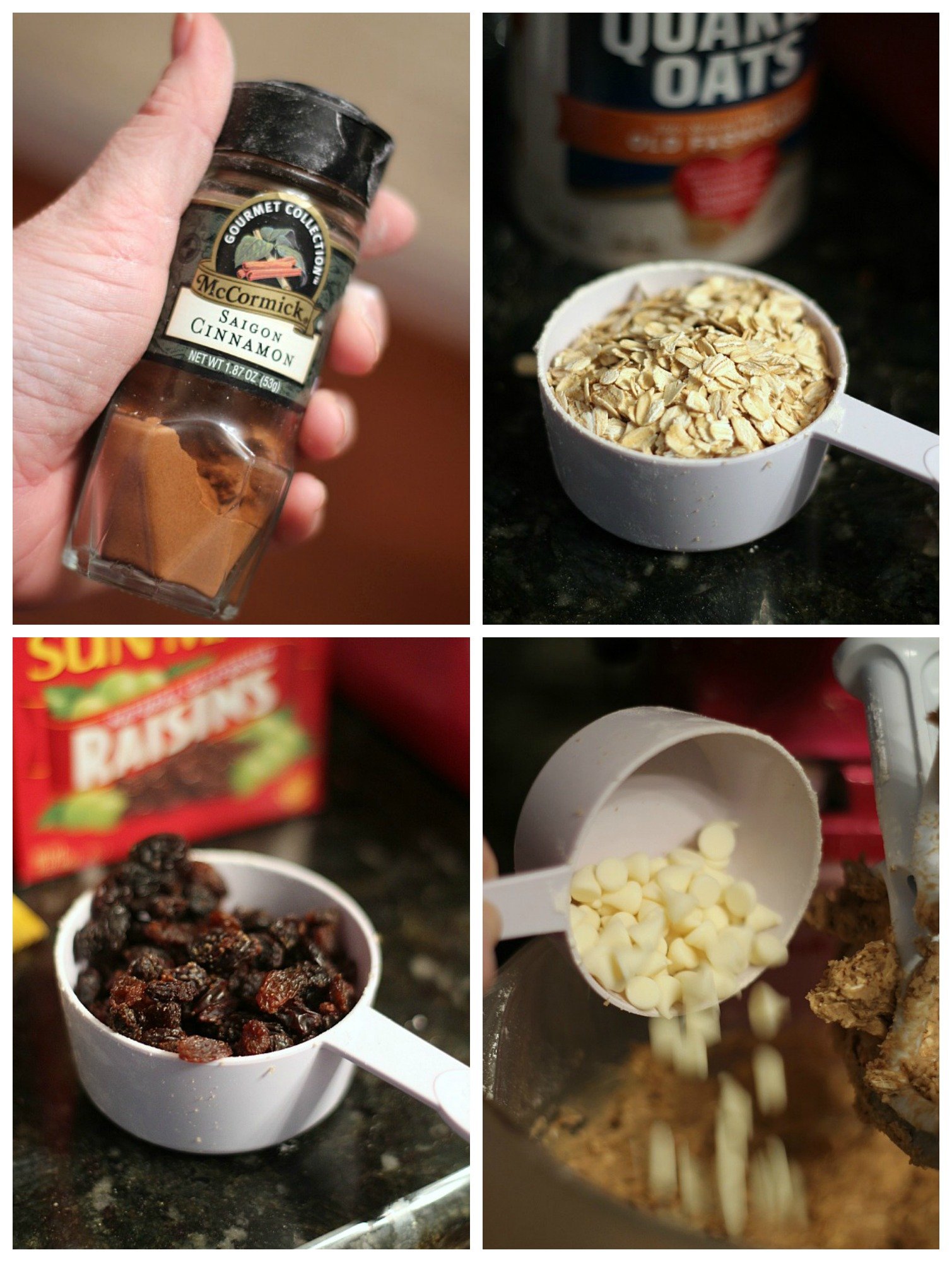 Photo collage of the various oatmeal raisin cookie add-ins: Saigon cinnamon, oats, raisins, and white chocolate chips.