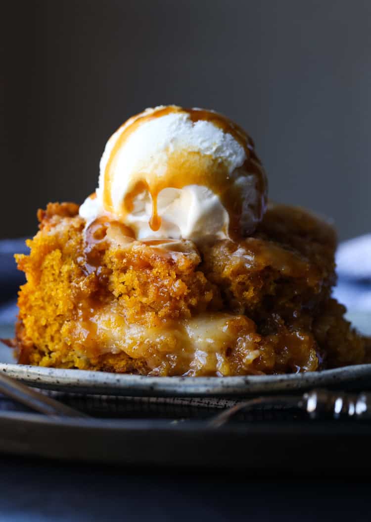 Pumpkin earthquake cake with ice cream on top.