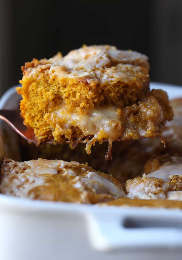 Pumpkin earthquake cake filled with cream cheese.