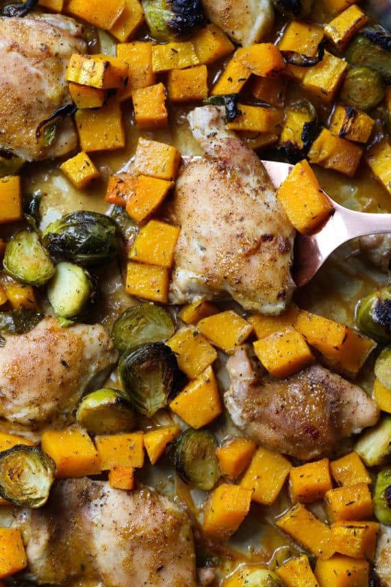 Easy Dijon Maple Sheet Pan Chicken Recipe with Brussels sprouts and butternut squash