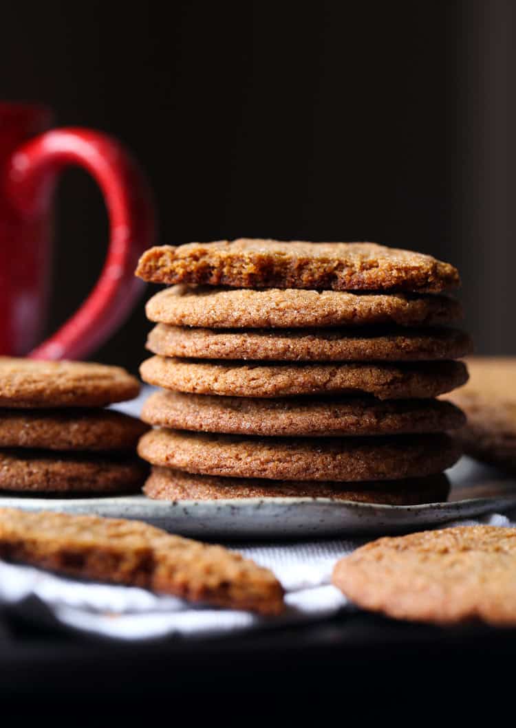 Far view of a stack of gingersnap cookies on a plate