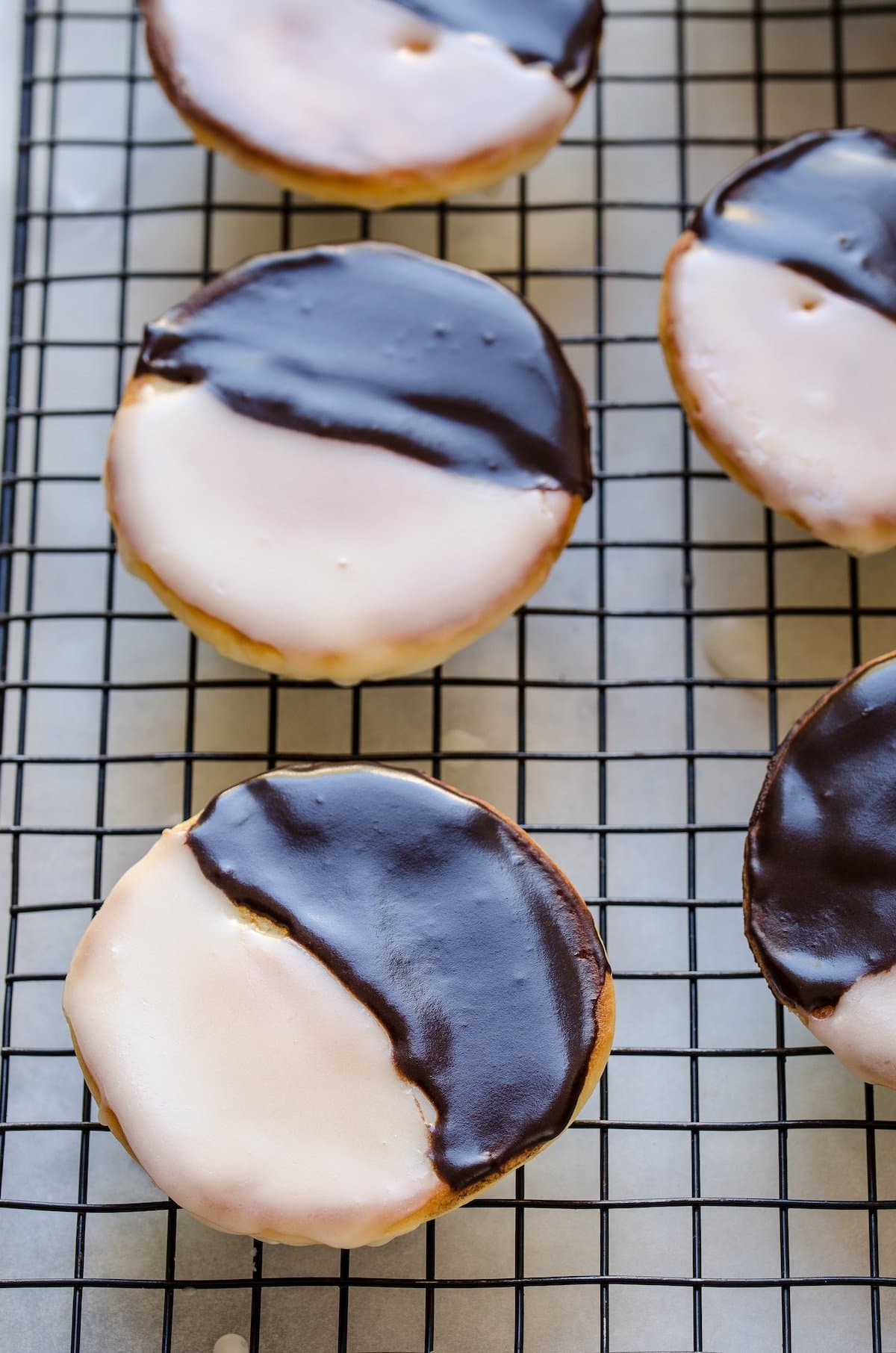 Fully glazed black and white cookies.