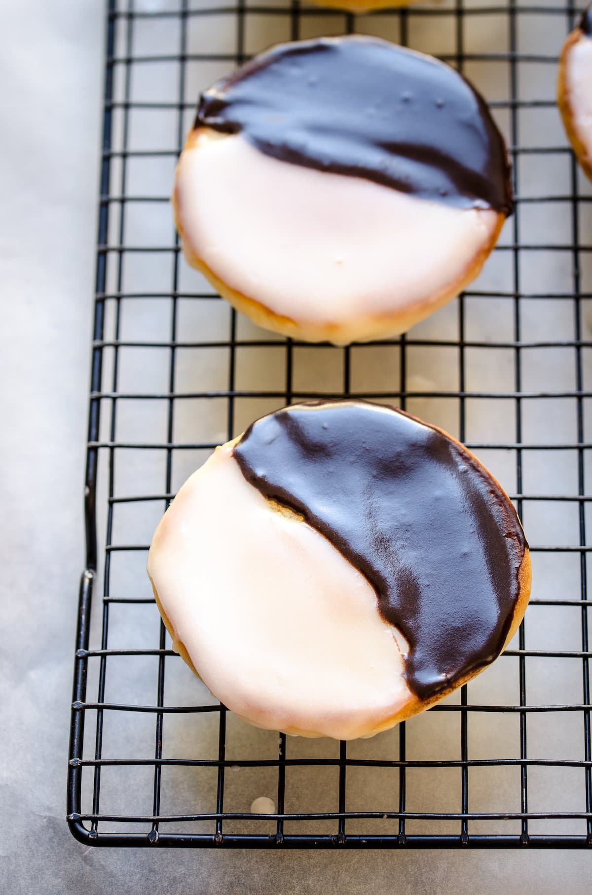 Fully glazed black and white cookies.