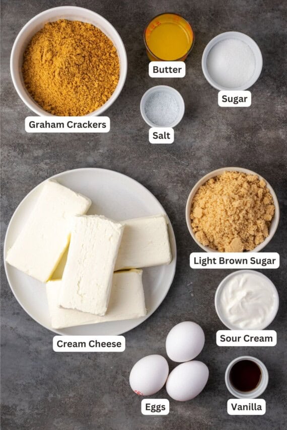 Ingredients for the cheesecake layer with text labels overlaying each ingredient.