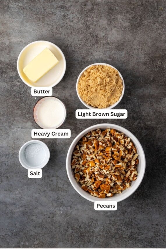 Ingredients for the pecan pie topping with text labels overlaying each ingredient.