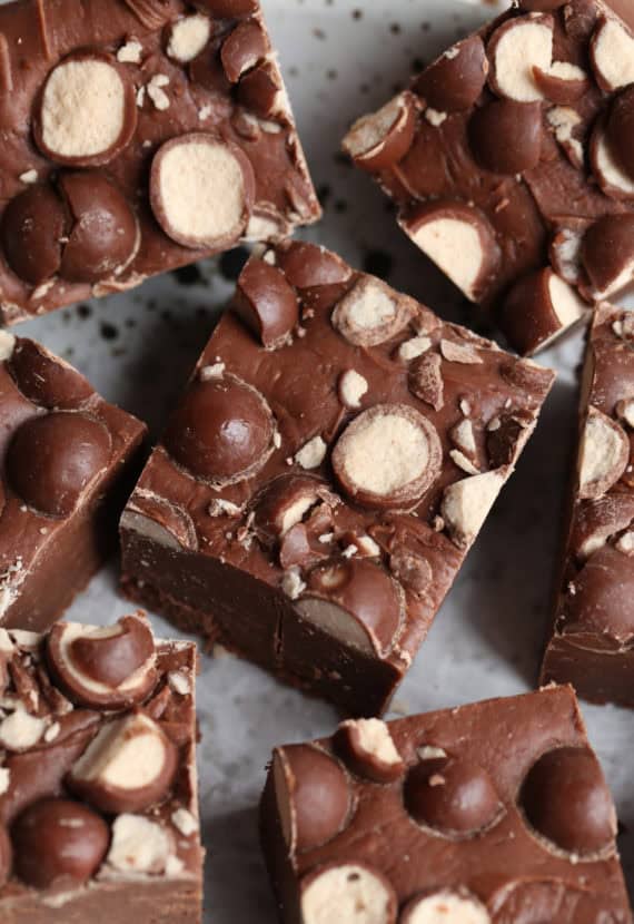 Malted Milk Balls on top of the creamiest and best fudge recipe ever!