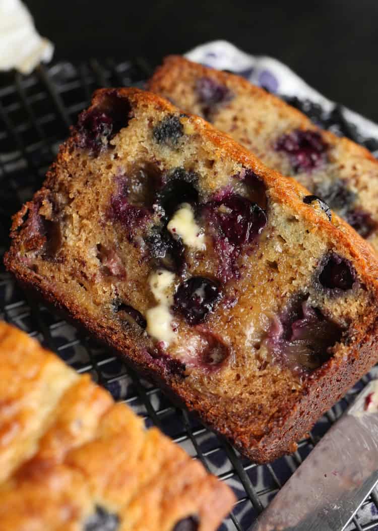 Homemade Banana Bread is moist and packed with juicy blueberries