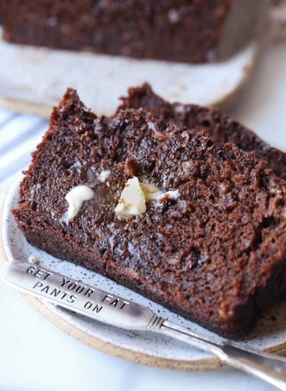 Top Chocolate Banana Bread Recipe with butter and eat it warm