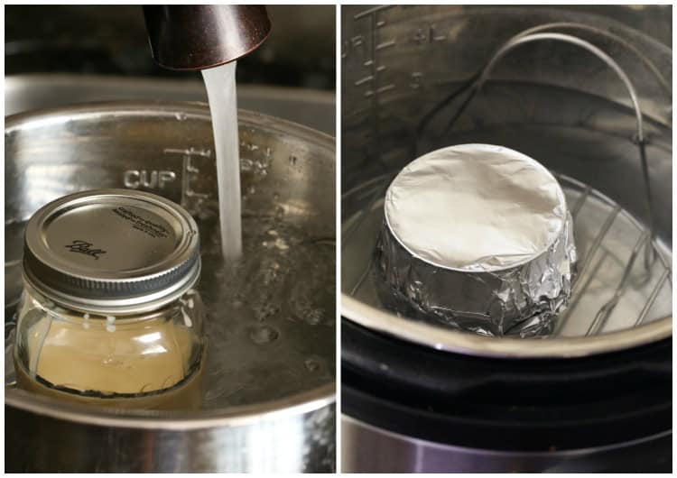 Side by side images of a sealed glass jar of sweetened condensed milk, and a covered can of sweetened condensed milk inside an Instant Pot filled with water.