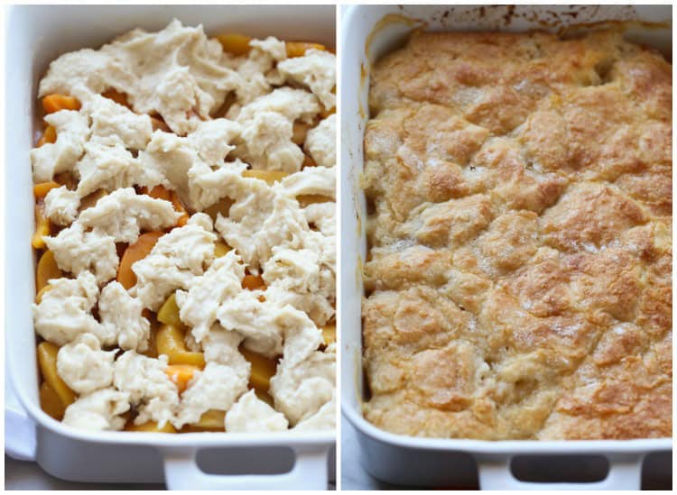 Side-by-side images of peaches topped with cobbler dough, and freshly baked peach cobbler.