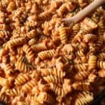 Creamy beef pasta in a skillet.