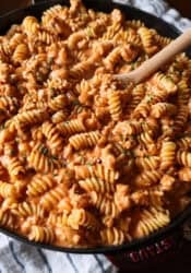 Creamy beef pasta in a skillet.