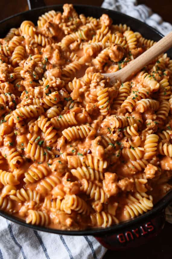 Creamy beef pasta in a skillet.