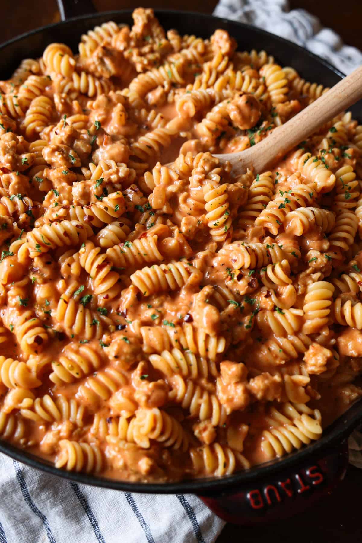 Creamy beef pasta in a skillet.